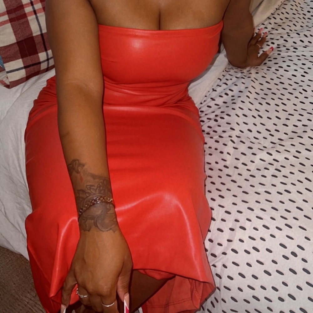 Red faux leather maxi dress